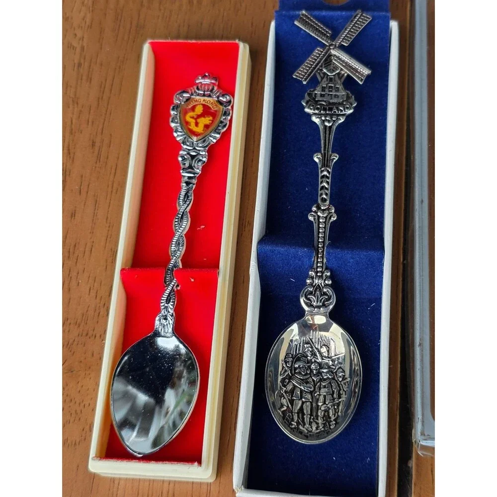 Vintage Souvenir Spoons Lot of 2 Holland Windmill Hong Kong Enamel Shield Boxed